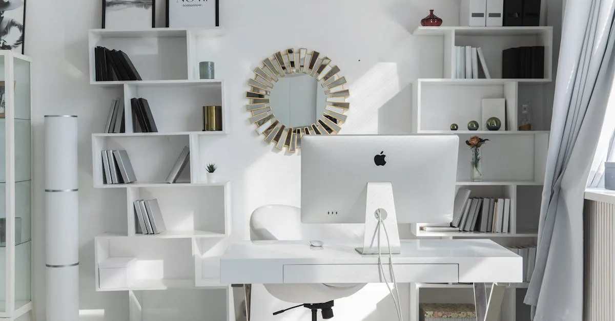 Bright minimalist home office setup with white shelves, desk, and iMac. Ideal for productivity.