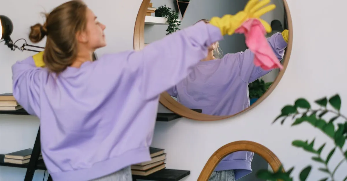 Back view of young female in casual clothes and yellow latex gloves dancing while cleaning light living room in daytime