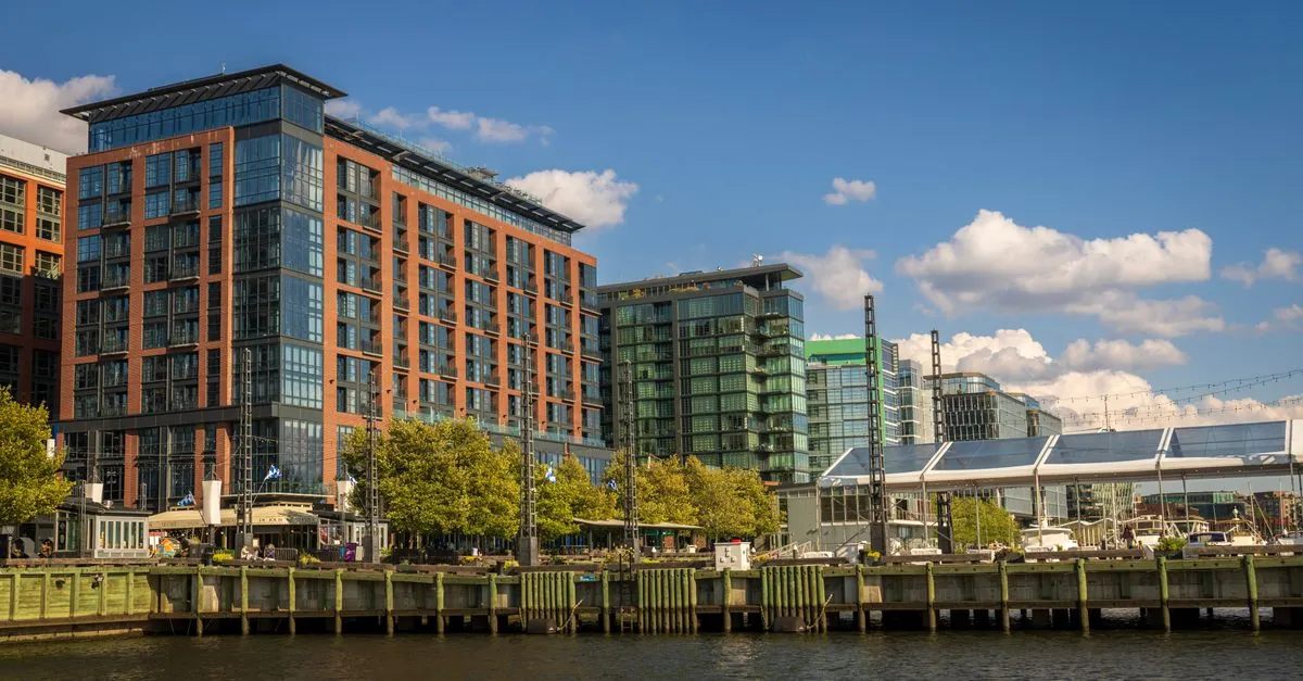 A view of modern apartment buildings along the waterfront in Washington DC, USA.